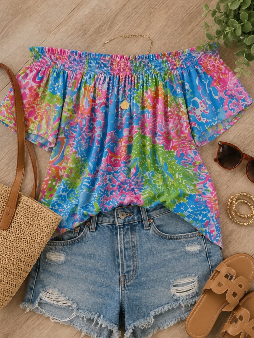 Lilly Pulitzer Off-Shoulder Floral Top in Blue, Pink & Green